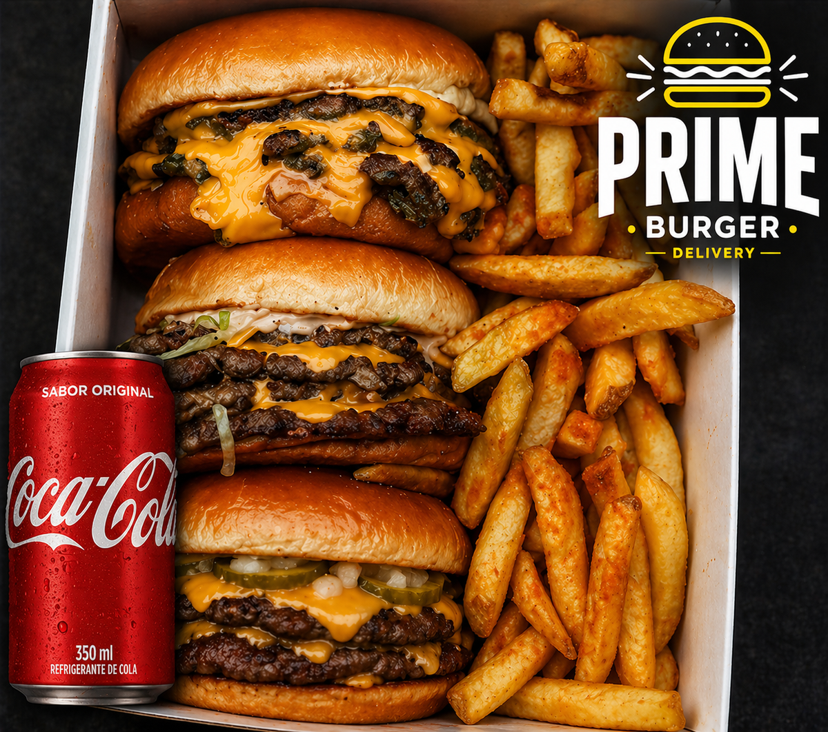 COMBO Trio Smash - 3X Classic Smash Burguer + 500g Fritas + Coca-Cola 2L